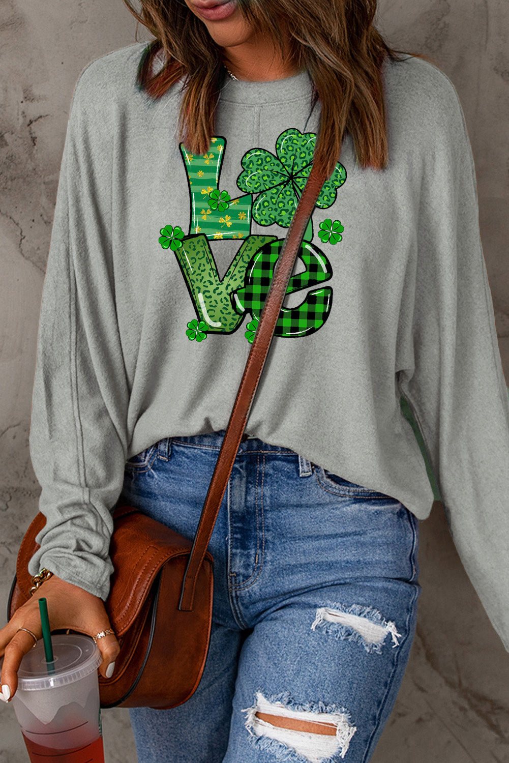 St. Patrick's Day Clover Pattern Patchwork Long Sleeve Knit Top