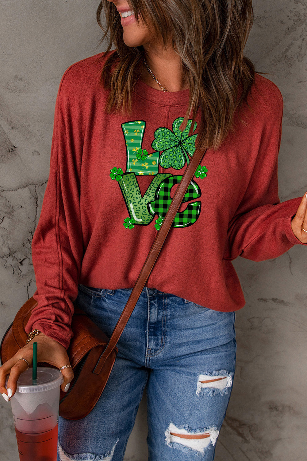 St. Patrick's Day Clover Pattern Patchwork Long Sleeve Knit Top