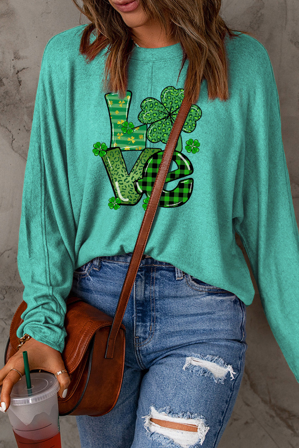 St. Patrick's Day Clover Pattern Patchwork Long Sleeve Knit Top