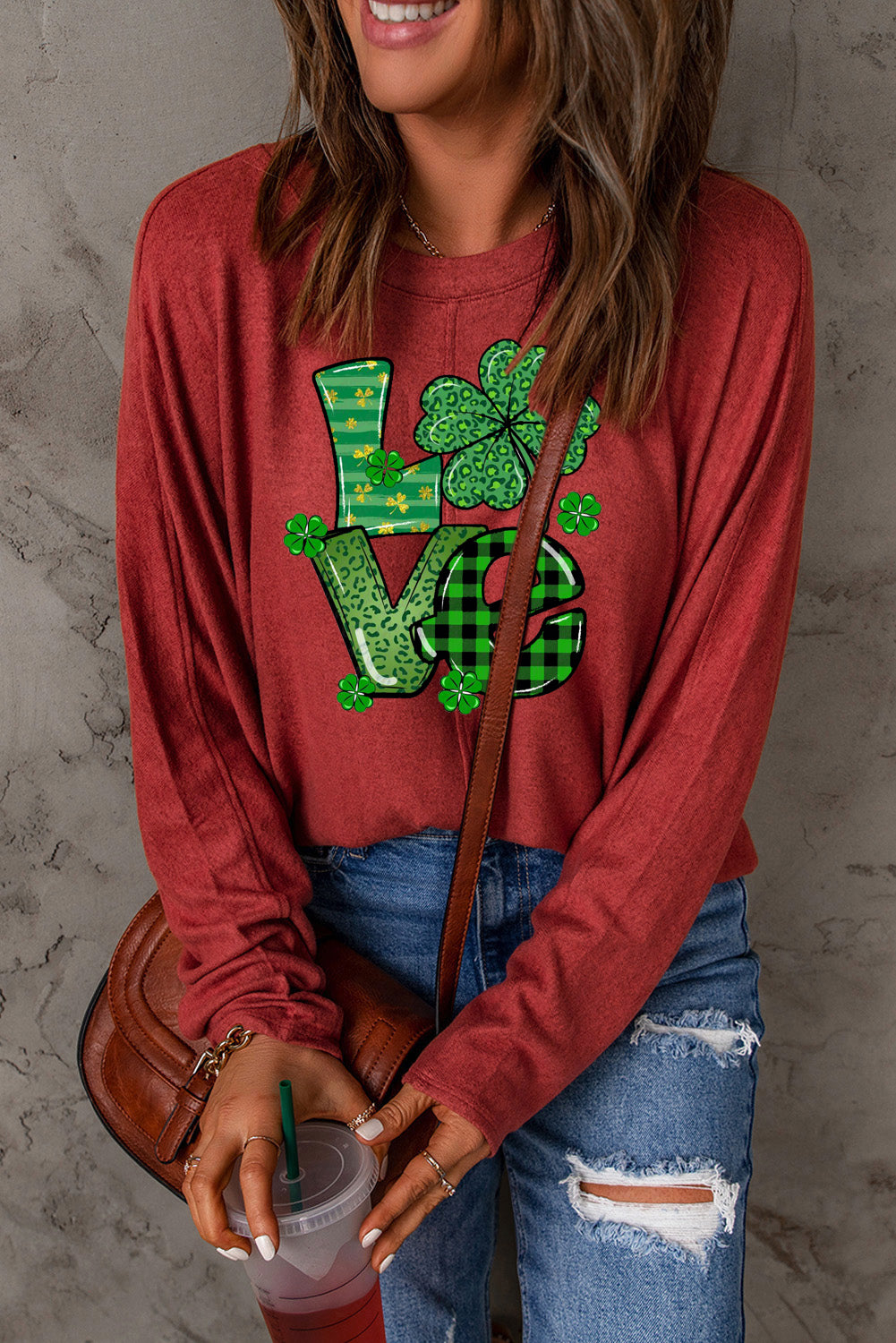 St. Patrick's Day Clover Pattern Patchwork Long Sleeve Knit Top