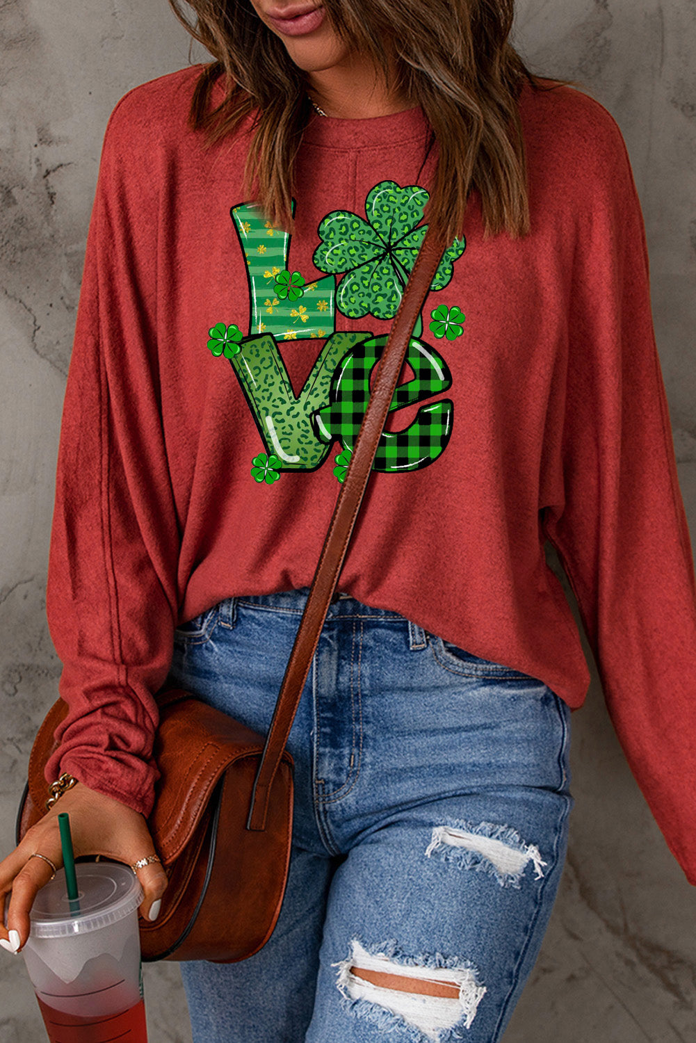 St. Patrick's Day Clover Pattern Patchwork Long Sleeve Knit Top