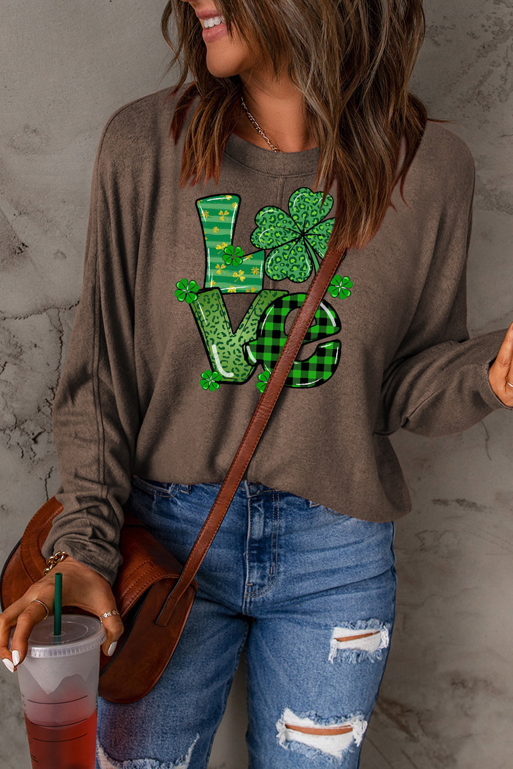 St. Patrick's Day Clover Pattern Patchwork Long Sleeve Knit Top