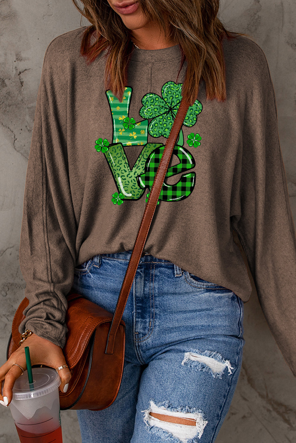 St. Patrick's Day Clover Pattern Patchwork Long Sleeve Knit Top