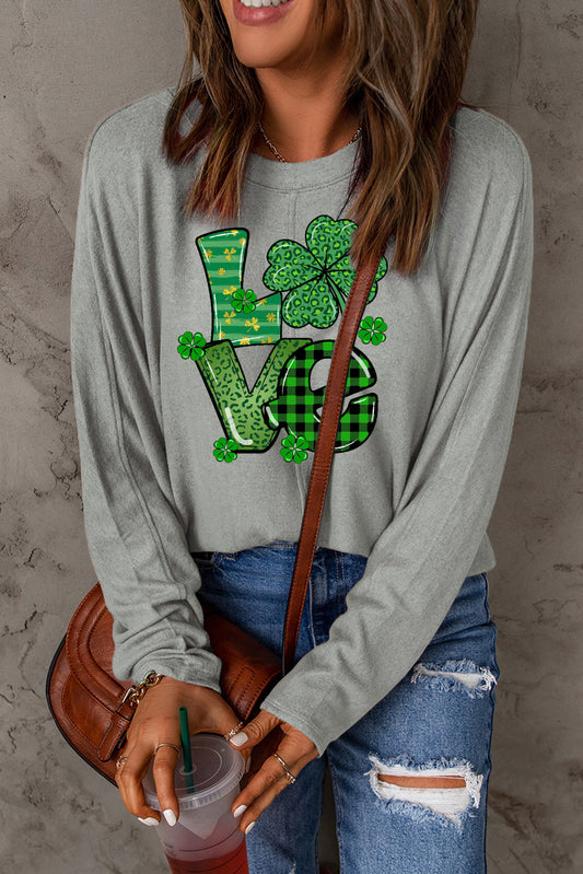 St. Patrick's Day Clover Pattern Patchwork Long Sleeve Knit Top