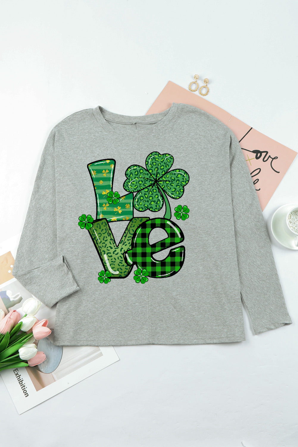 St. Patrick's Day Clover Pattern Patchwork Long Sleeve Knit Top