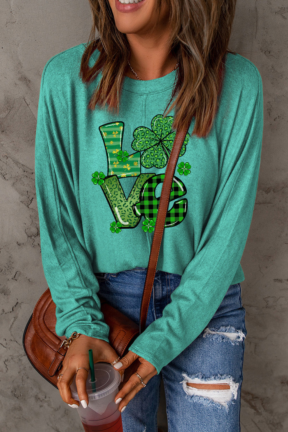 St. Patrick's Day Clover Pattern Patchwork Long Sleeve Knit Top