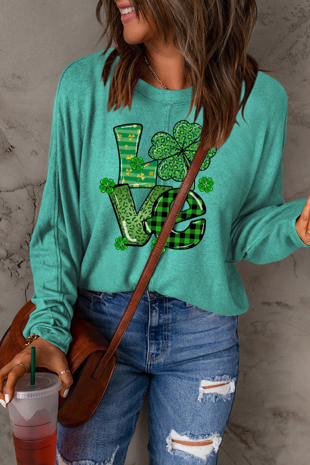 St. Patrick's Day Clover Pattern Patchwork Long Sleeve Knit Top