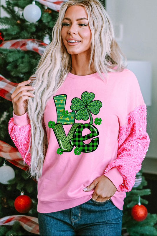 St. Patrick's Day Clover Sequin Patchwork Long Sleeve Pullover Sweatshirt