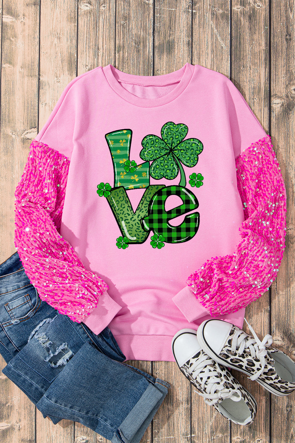 St. Patrick's Day Clover Sequin Patchwork Long Sleeve Pullover Sweatshirt