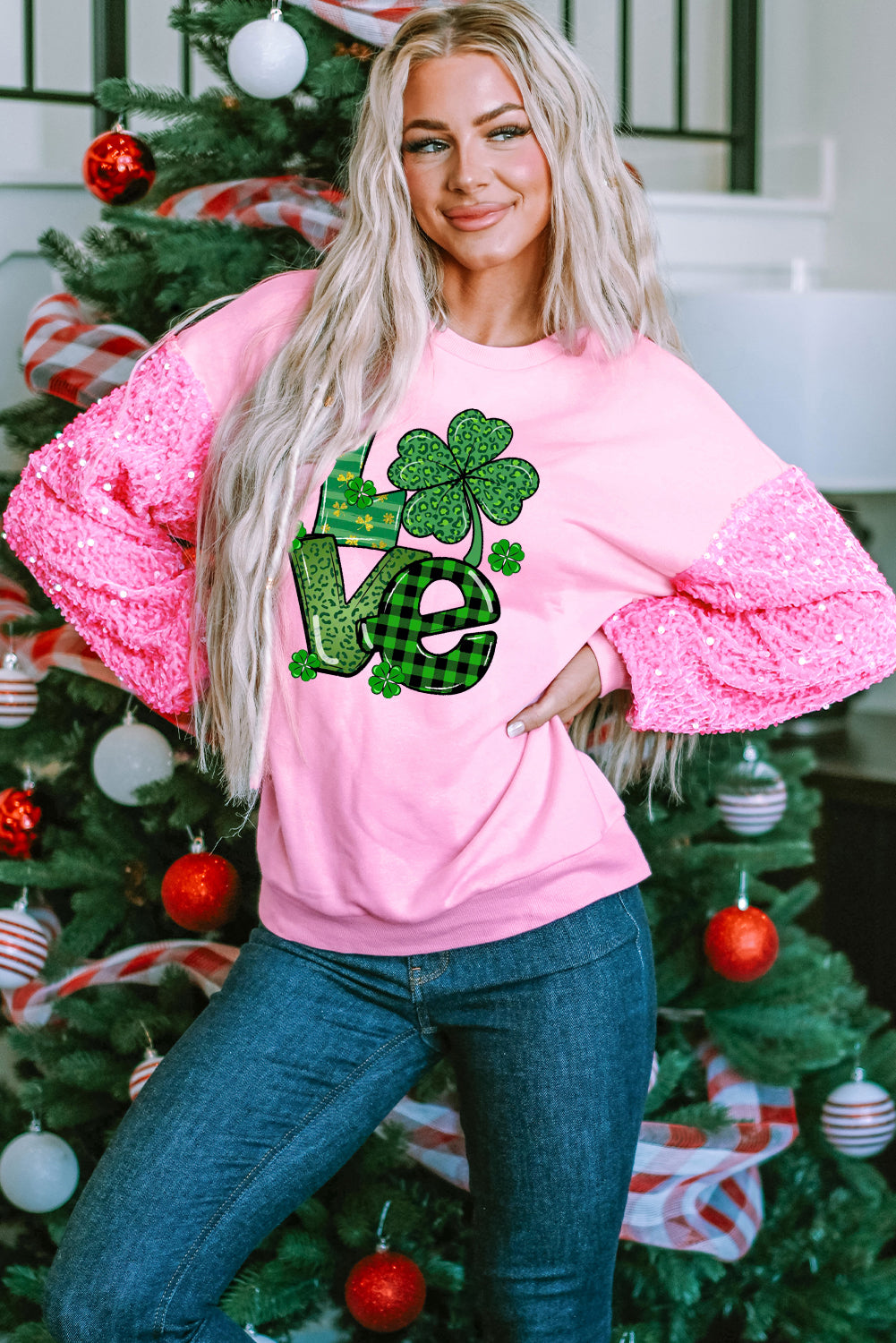 St. Patrick's Day Clover Sequin Patchwork Long Sleeve Pullover Sweatshirt