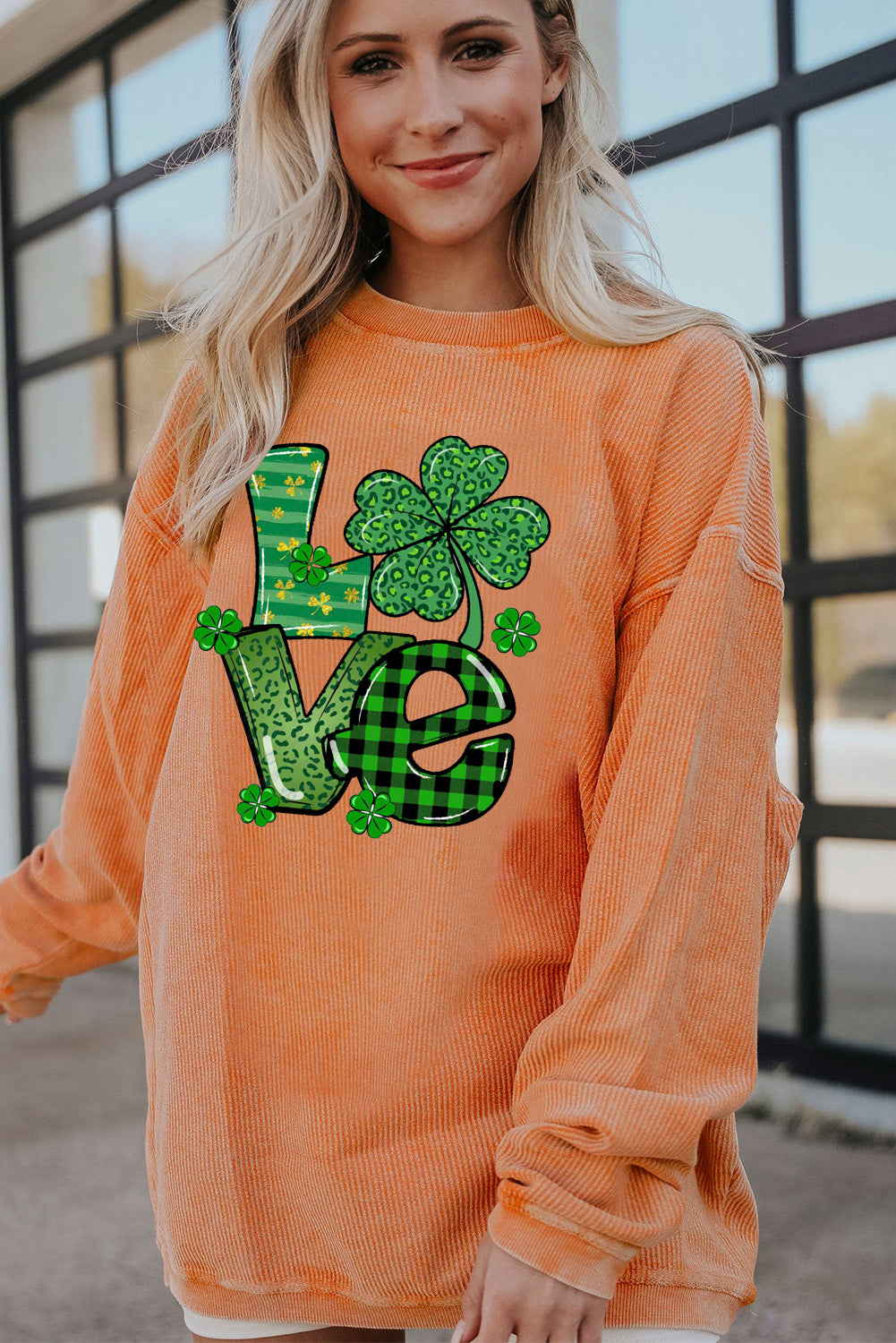 St. Patrick's Day Four-Leaf Clover Ribbed Corduroy Oversized Sweatshirt