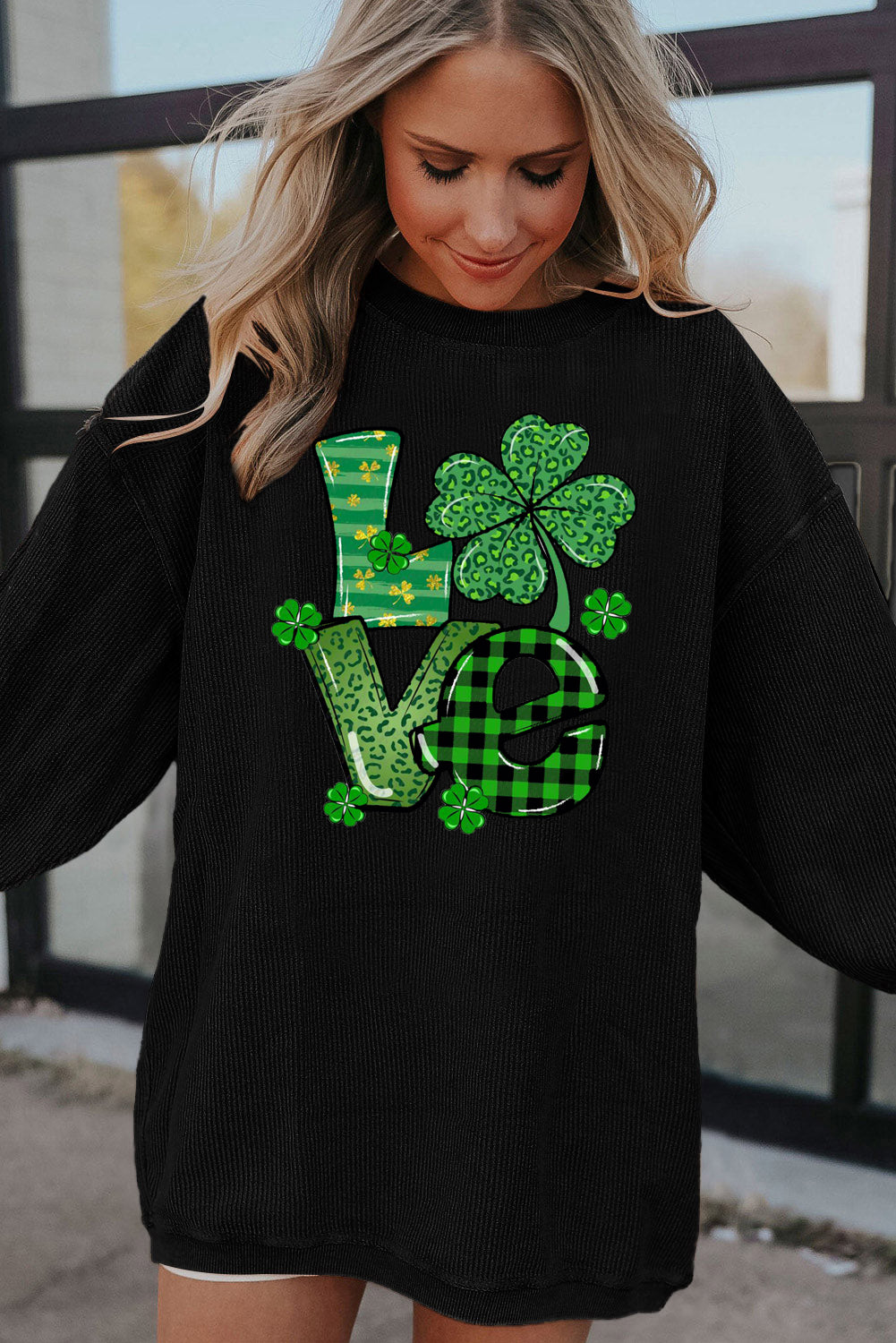 St. Patrick's Day Four-Leaf Clover Ribbed Corduroy Oversized Sweatshirt