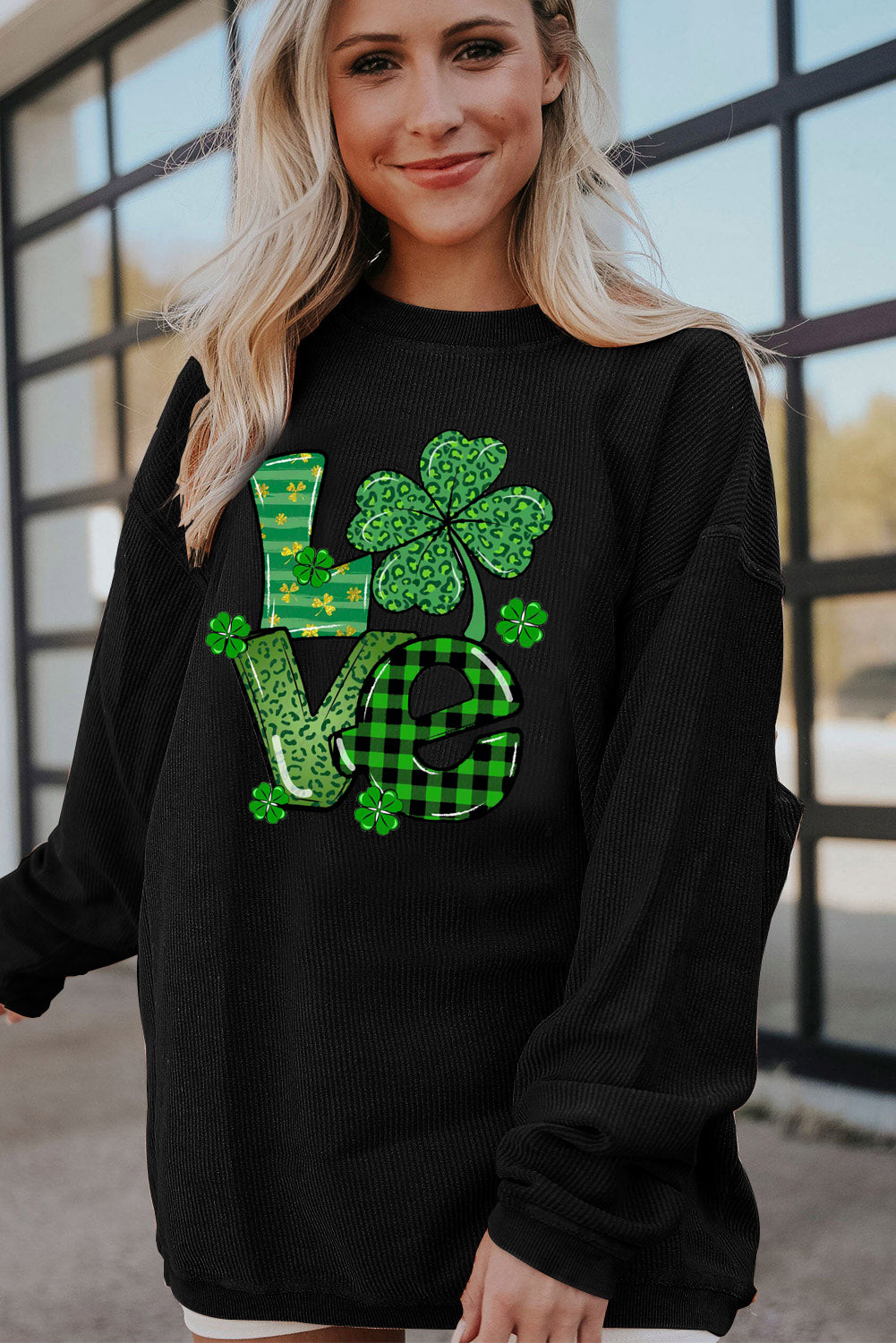 St. Patrick's Day Four-Leaf Clover Ribbed Corduroy Oversized Sweatshirt