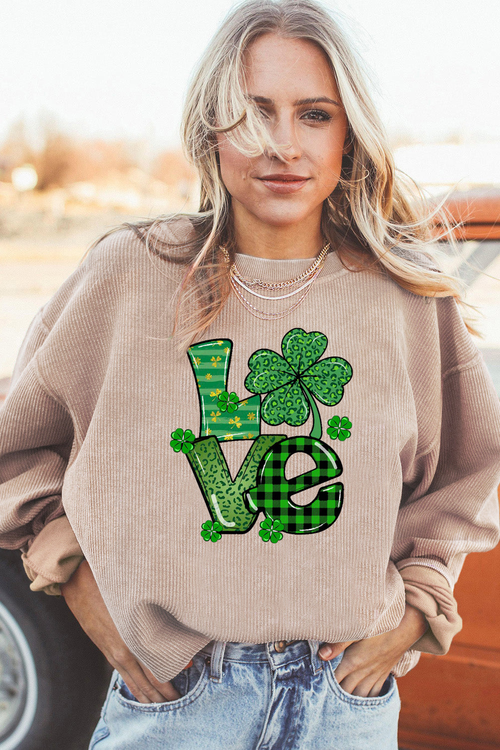 St. Patrick's Day Four-Leaf Clover Ribbed Corduroy Oversized Sweatshirt