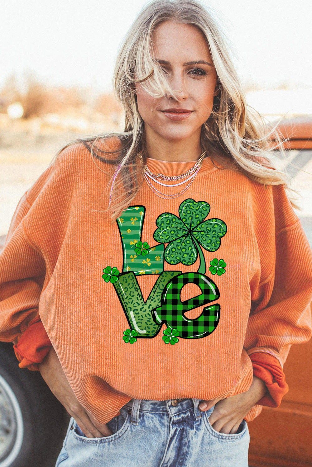 St. Patrick's Day Four-Leaf Clover Ribbed Corduroy Oversized Sweatshirt