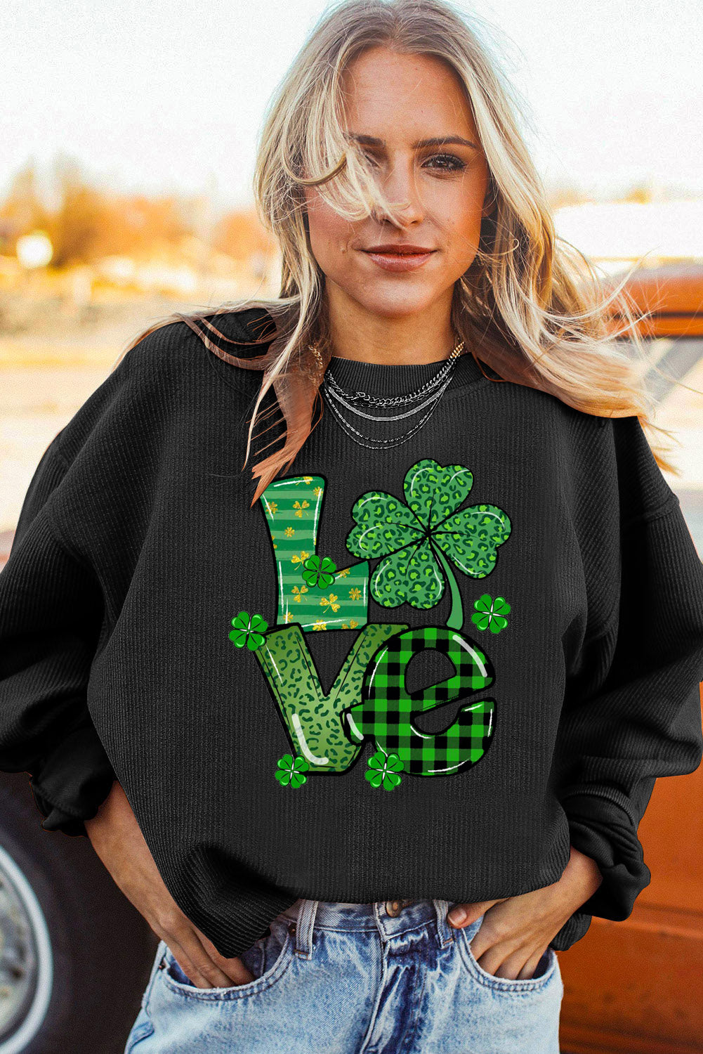 St. Patrick's Day Four-Leaf Clover Ribbed Corduroy Oversized Sweatshirt