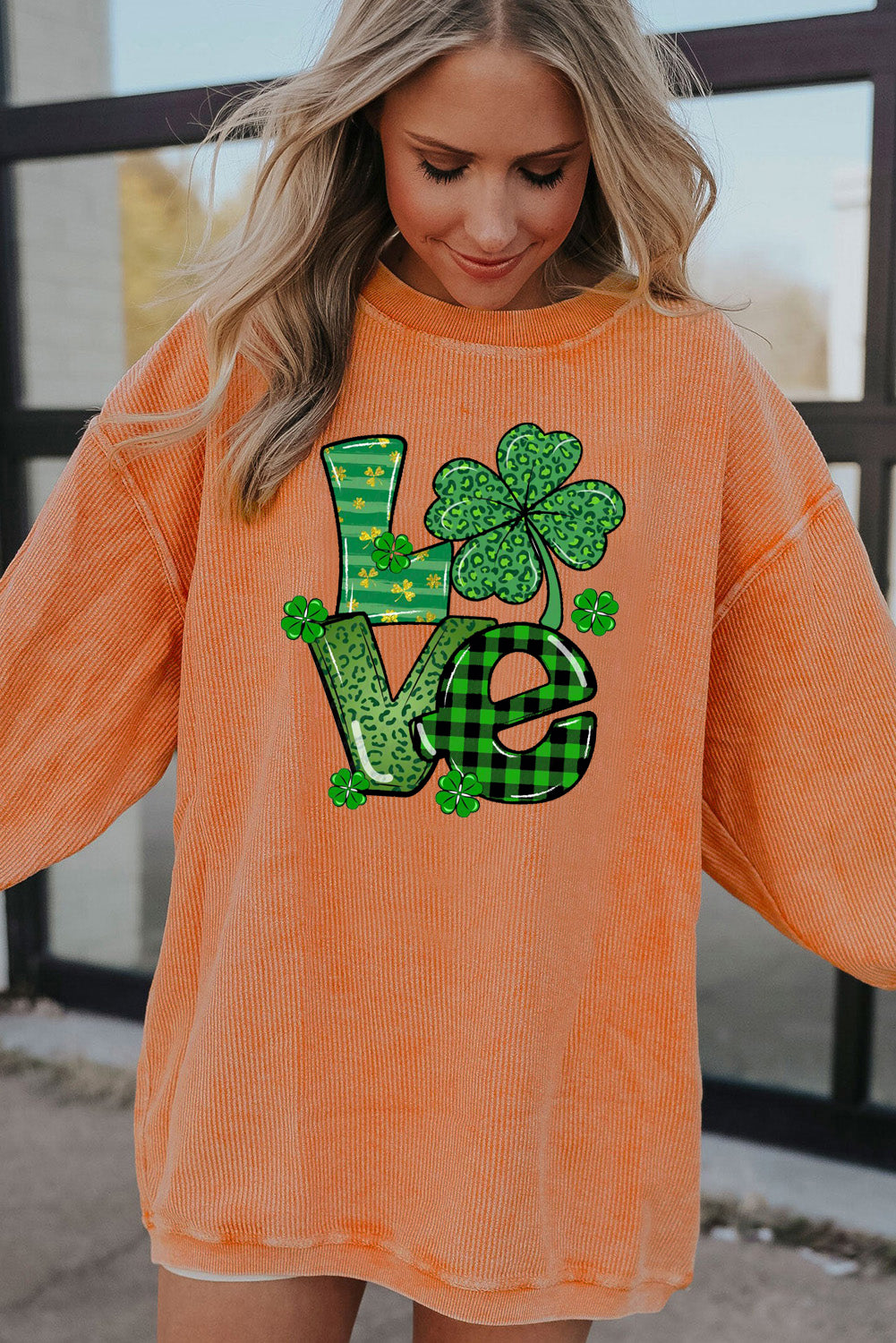 St. Patrick's Day Four-Leaf Clover Ribbed Corduroy Oversized Sweatshirt