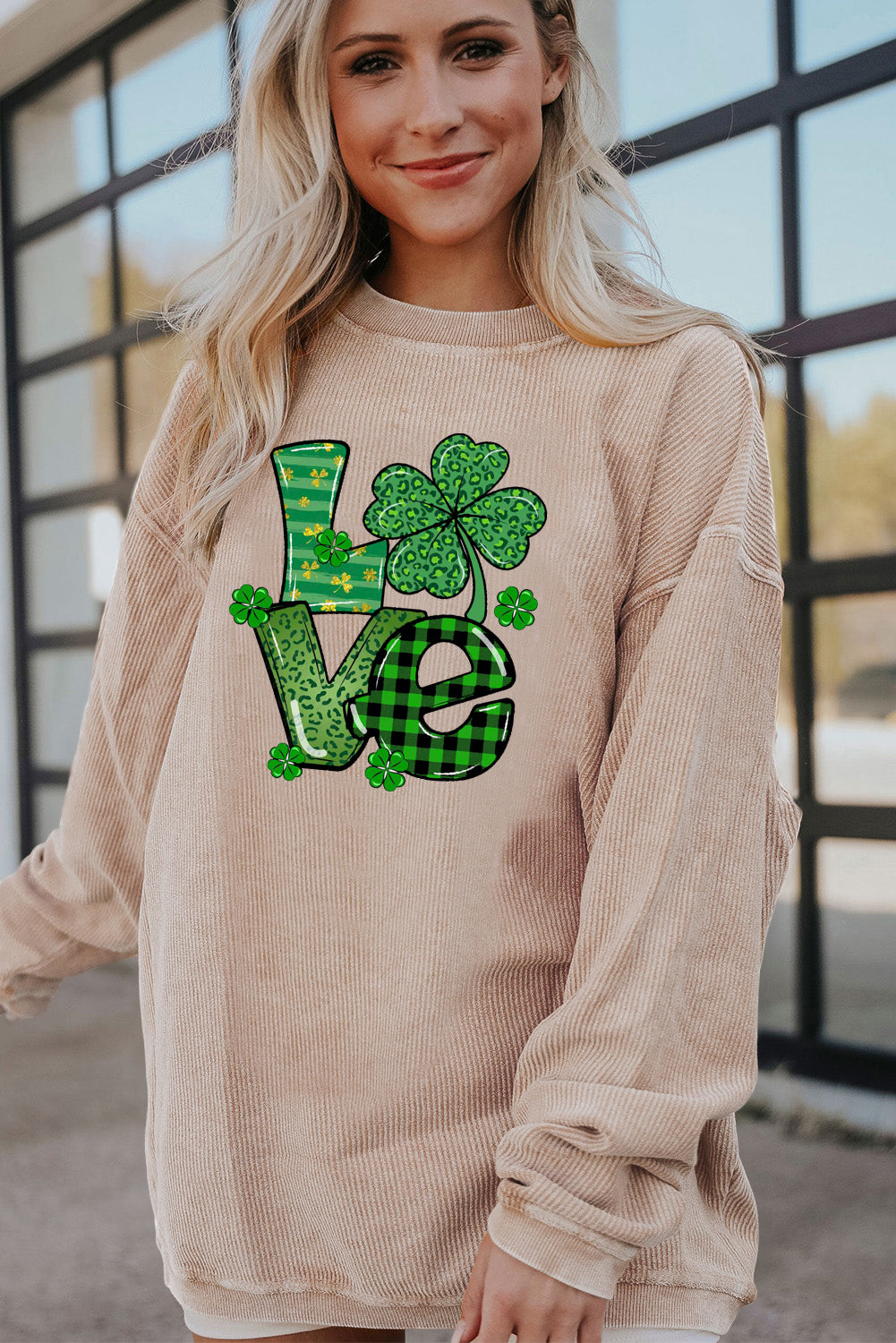 St. Patrick's Day Four-Leaf Clover Ribbed Corduroy Oversized Sweatshirt