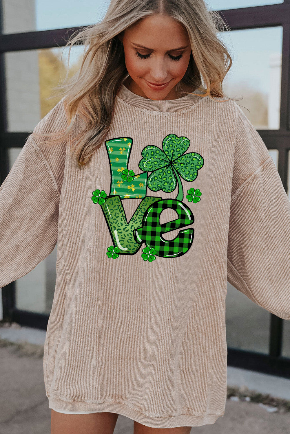 St. Patrick's Day Four-Leaf Clover Ribbed Corduroy Oversized Sweatshirt