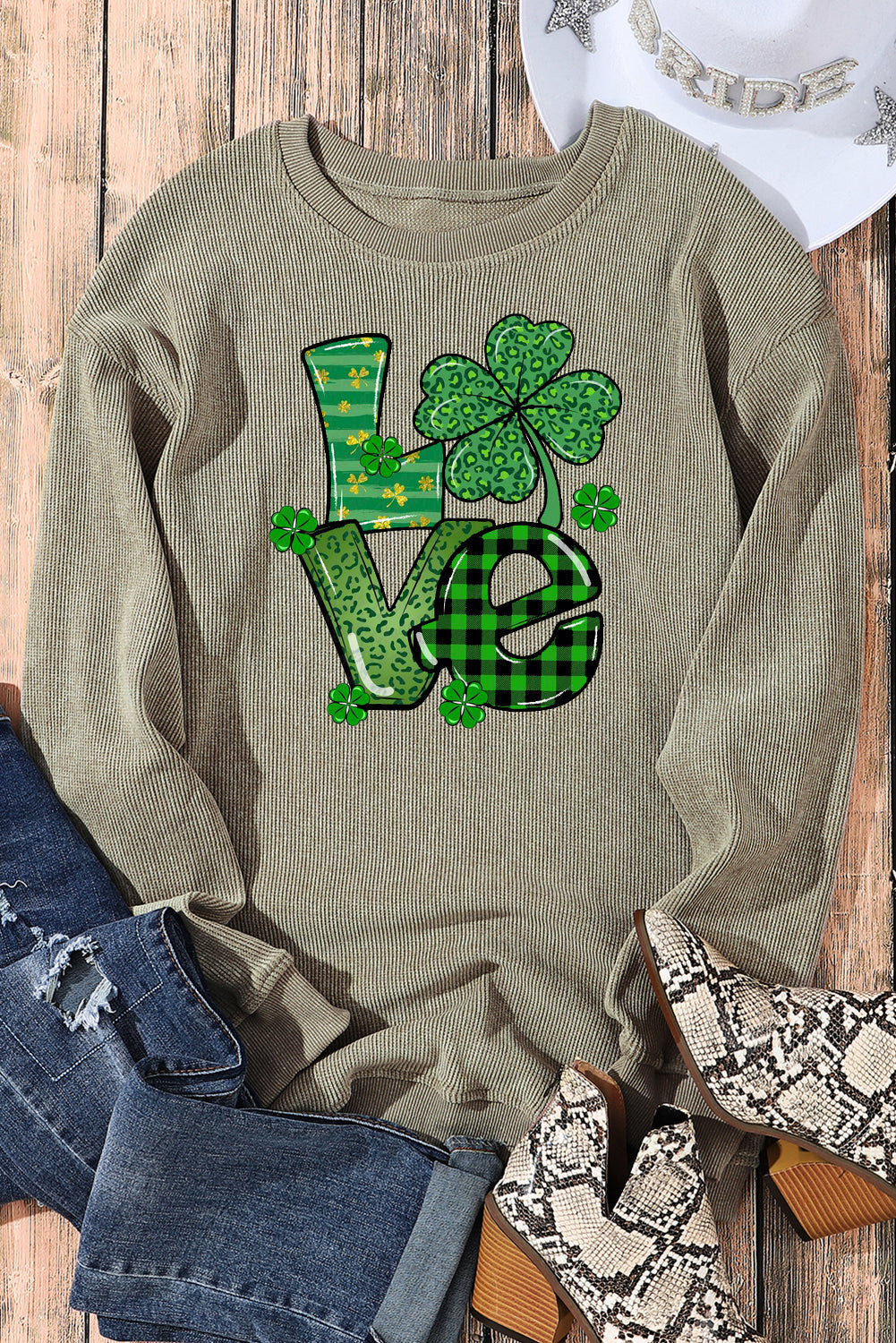 St. Patrick's Day Four-Leaf Clover Graphic Crew Neck Knit Sweatshirt