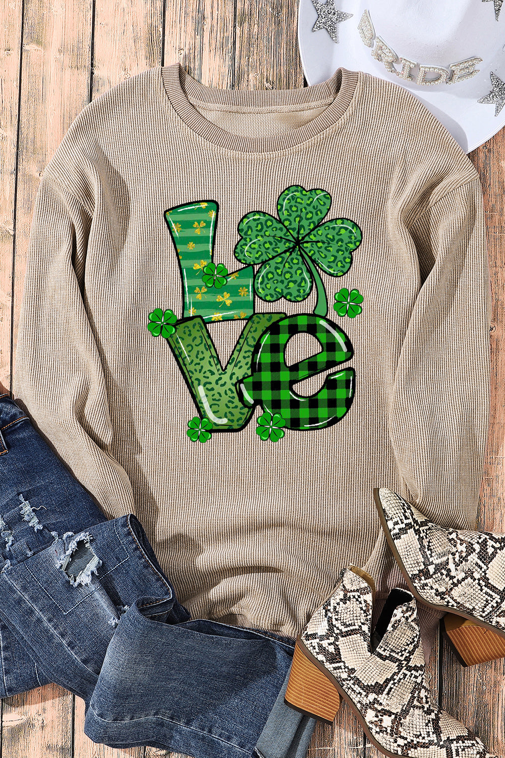 St. Patrick's Day Four-Leaf Clover Graphic Crew Neck Knit Sweatshirt