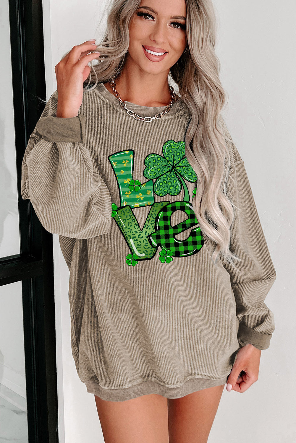 St. Patrick's Day Four-Leaf Clover Graphic Crew Neck Knit Sweatshirt