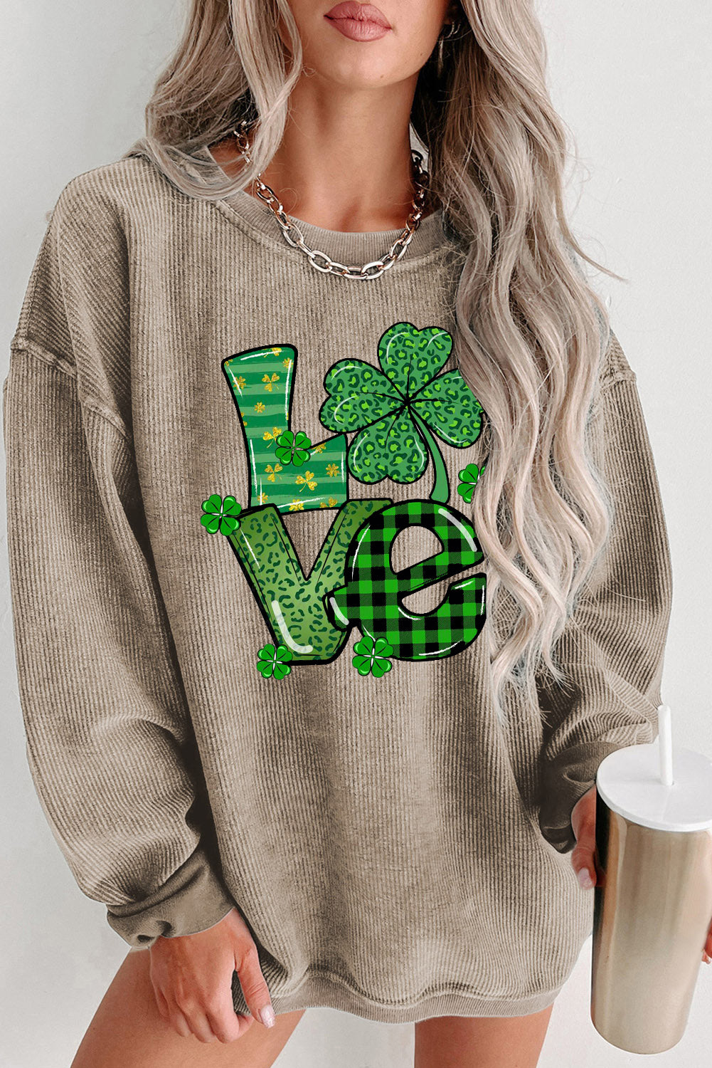 St. Patrick's Day Four-Leaf Clover Graphic Crew Neck Knit Sweatshirt