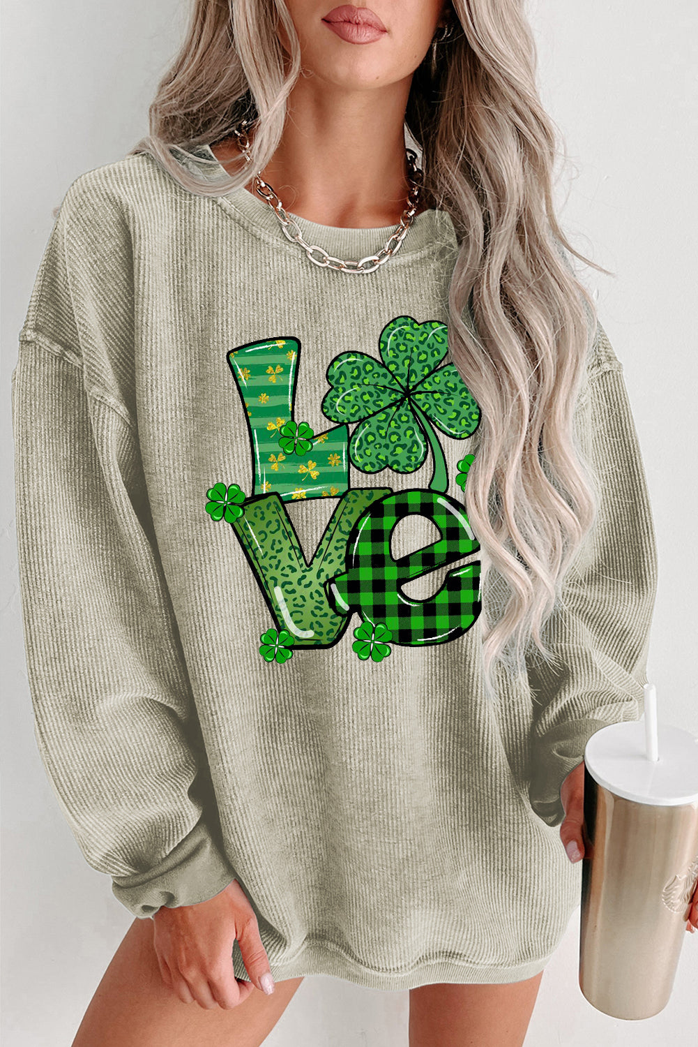 St. Patrick's Day Four-Leaf Clover Graphic Crew Neck Knit Sweatshirt