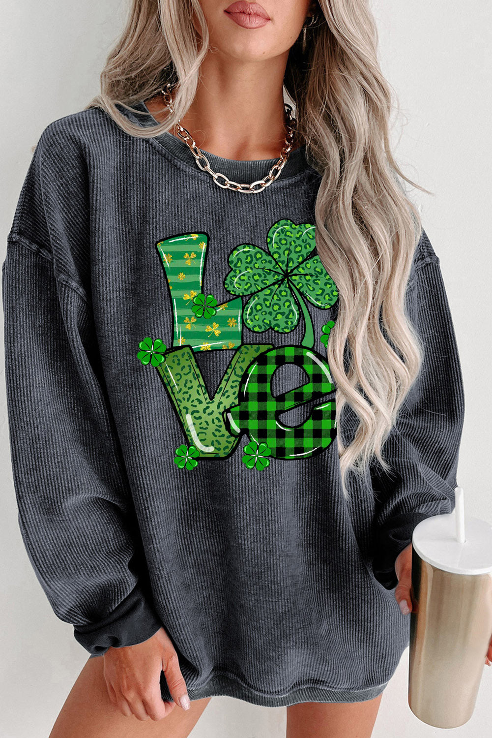 St. Patrick's Day Four-Leaf Clover Graphic Crew Neck Knit Sweatshirt