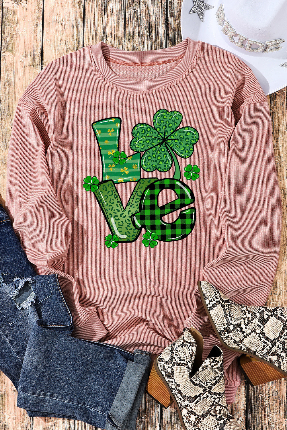 St. Patrick's Day Four-Leaf Clover Graphic Crew Neck Knit Sweatshirt