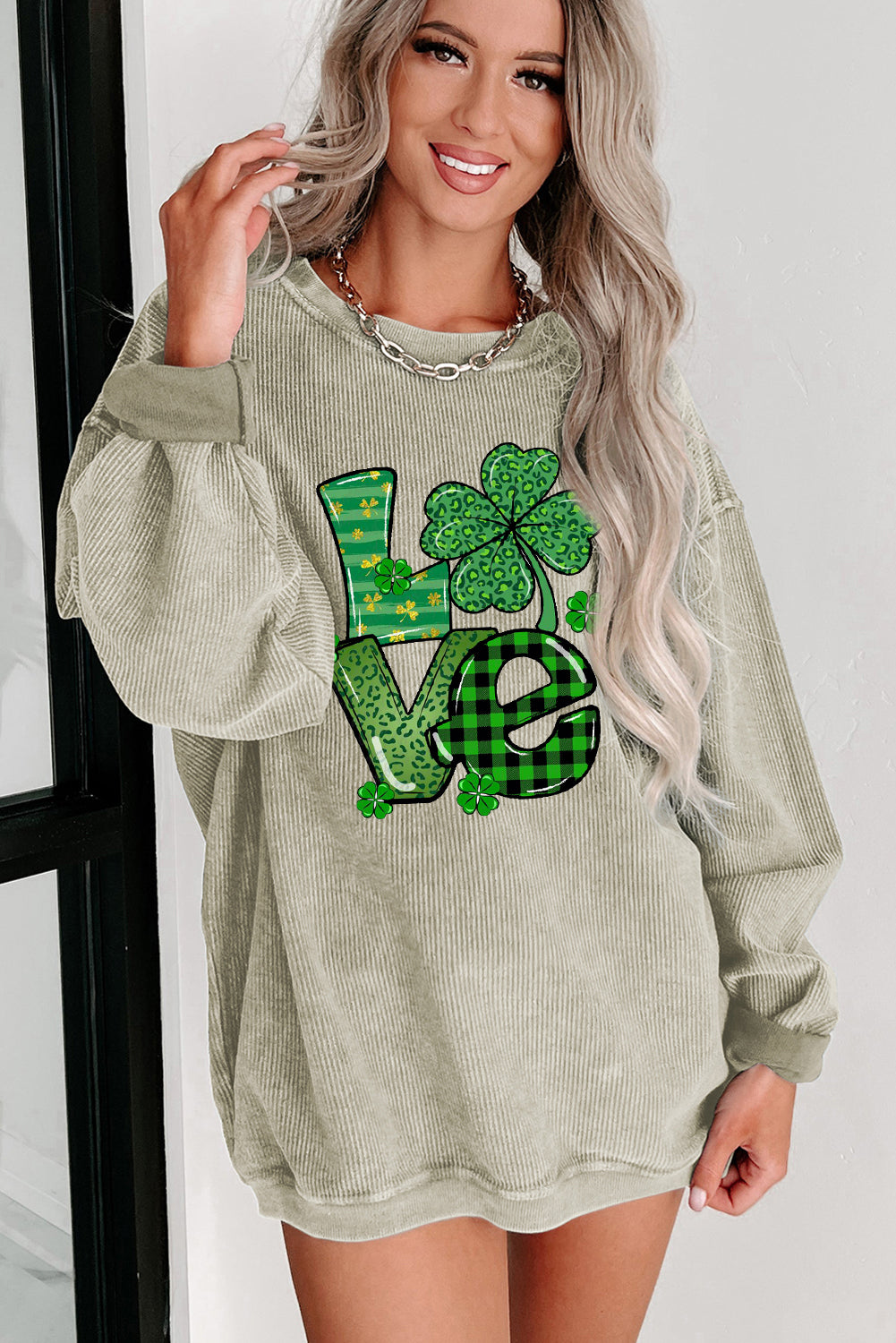 St. Patrick's Day Four-Leaf Clover Graphic Crew Neck Knit Sweatshirt