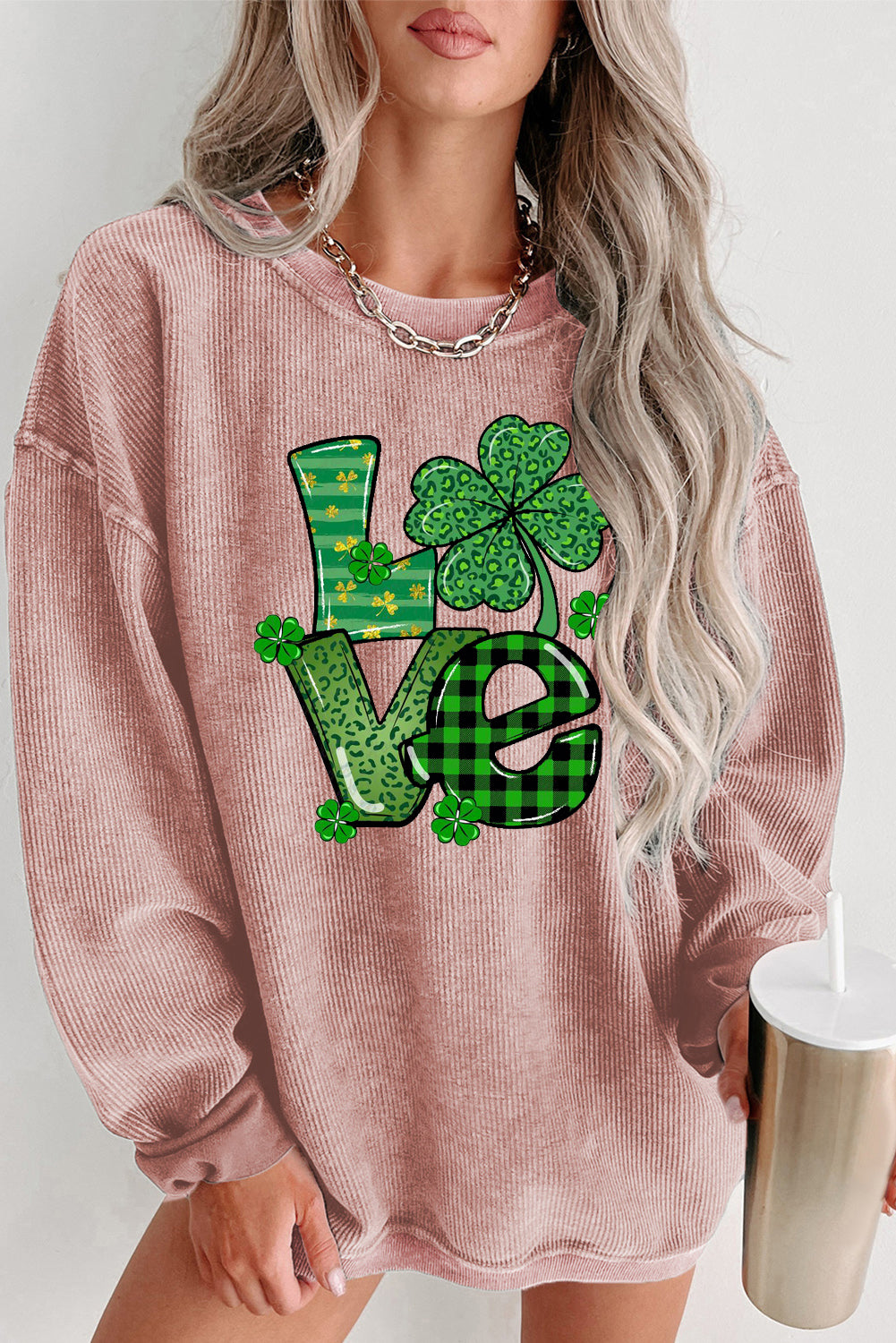 St. Patrick's Day Four-Leaf Clover Graphic Crew Neck Knit Sweatshirt