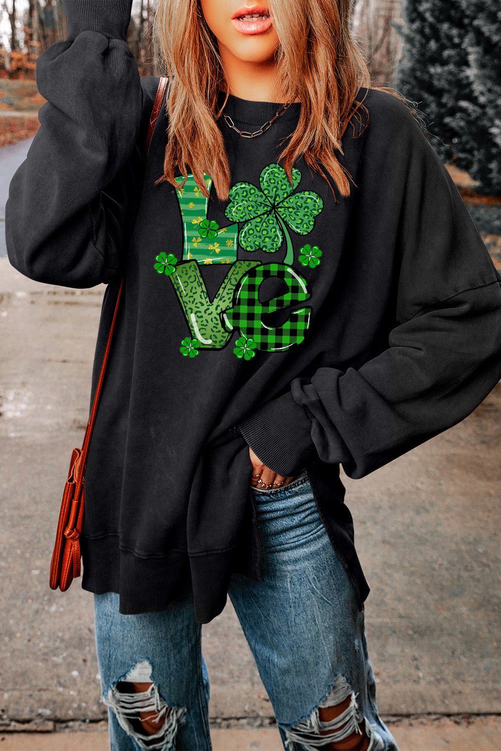 Four-Leaf Clover Oversized Ribbed Sweatshirt for St. Patrick's Day