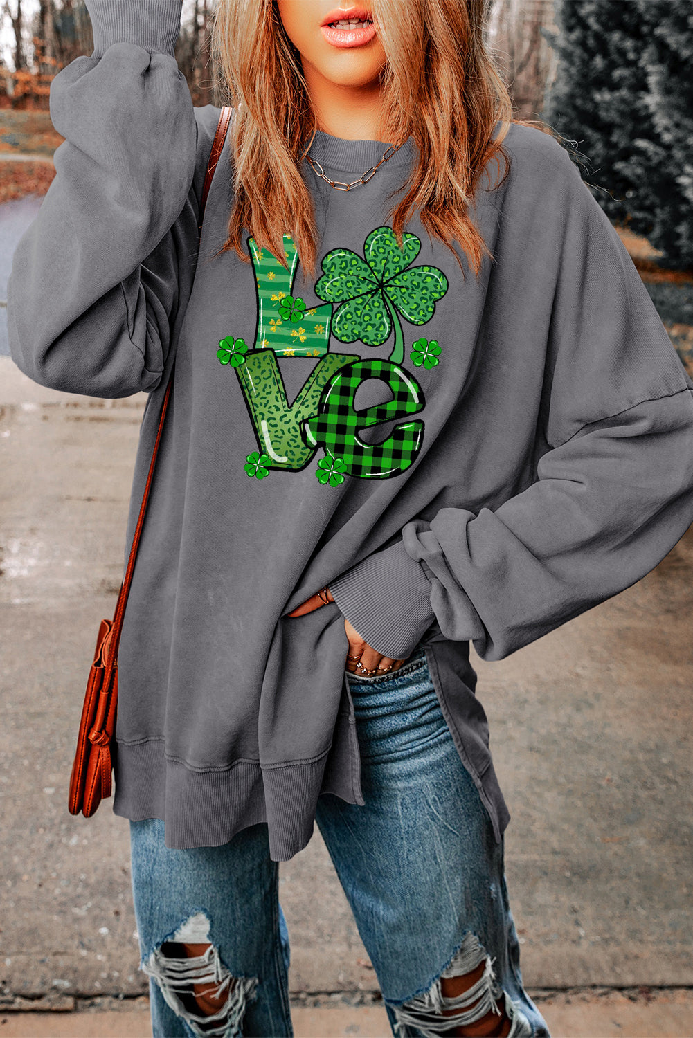 Four-Leaf Clover Oversized Ribbed Sweatshirt for St. Patrick's Day