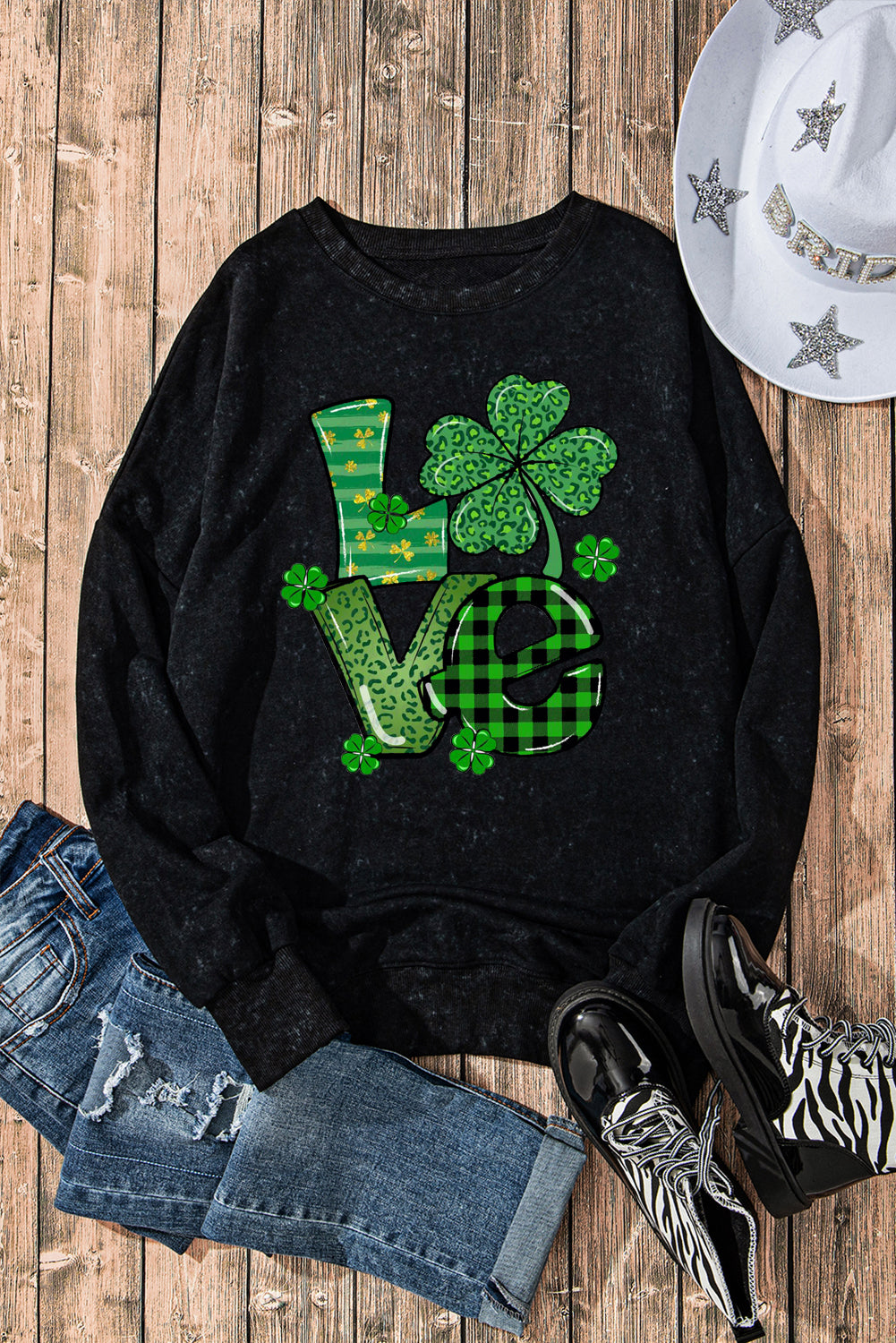 Four-Leaf Clover Oversized Ribbed Sweatshirt for St. Patrick's Day