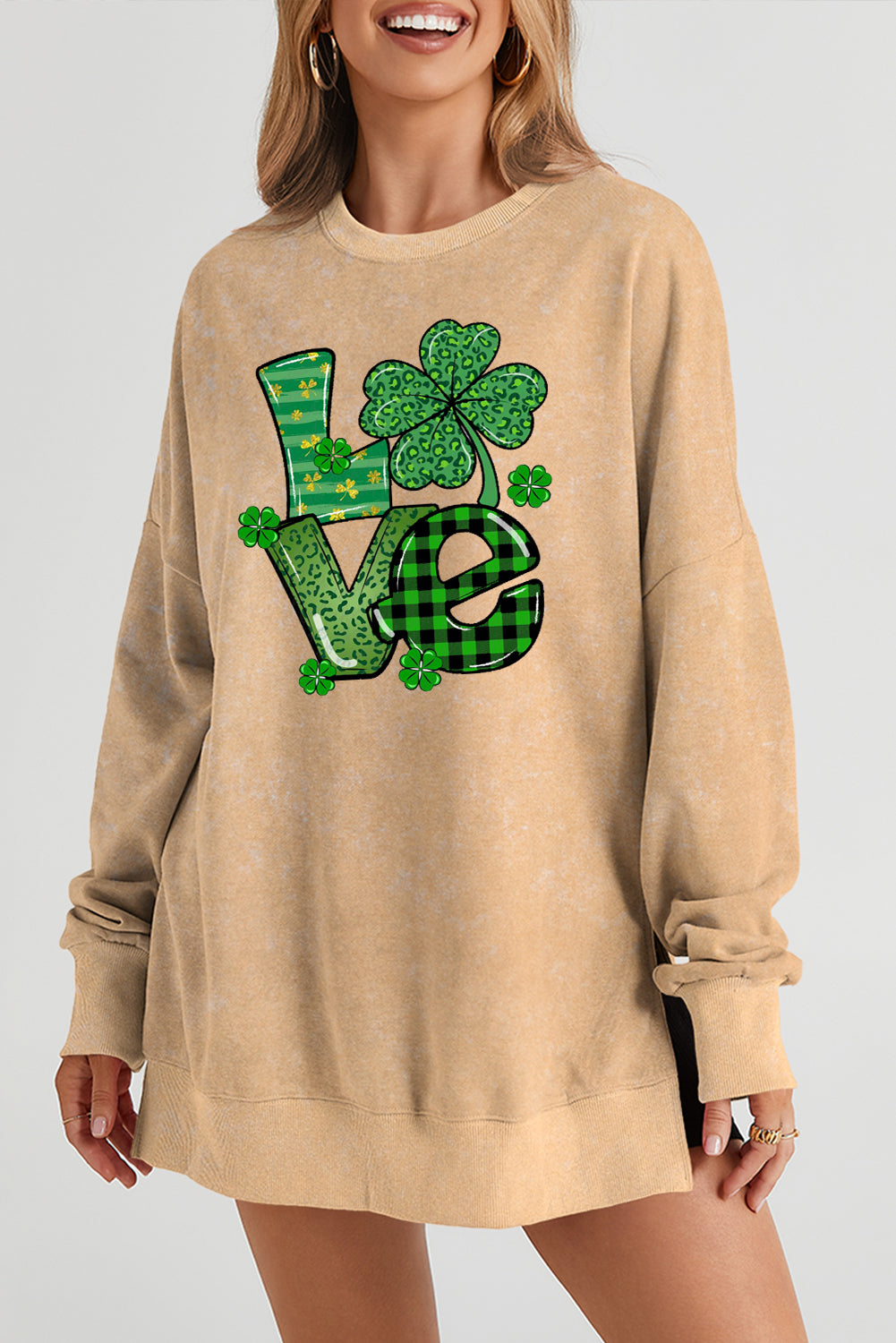 Four-Leaf Clover Oversized Ribbed Sweatshirt for St. Patrick's Day