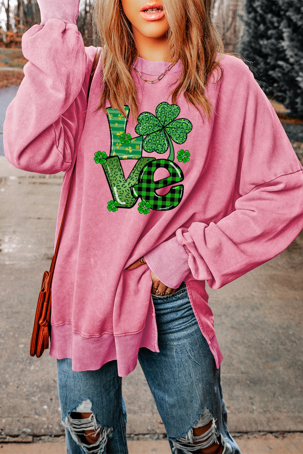 Four-Leaf Clover Oversized Ribbed Sweatshirt for St. Patrick's Day