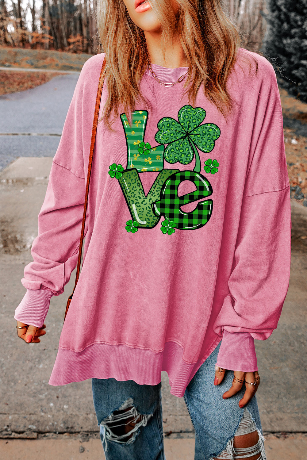 Four-Leaf Clover Oversized Ribbed Sweatshirt for St. Patrick's Day