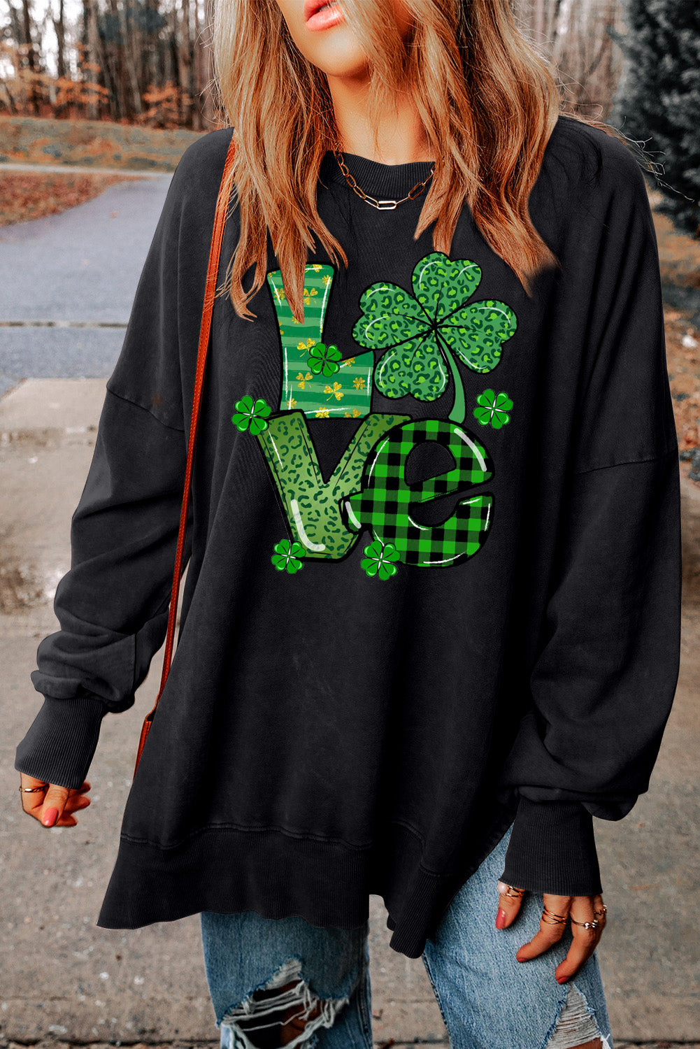 Four-Leaf Clover Oversized Ribbed Sweatshirt for St. Patrick's Day