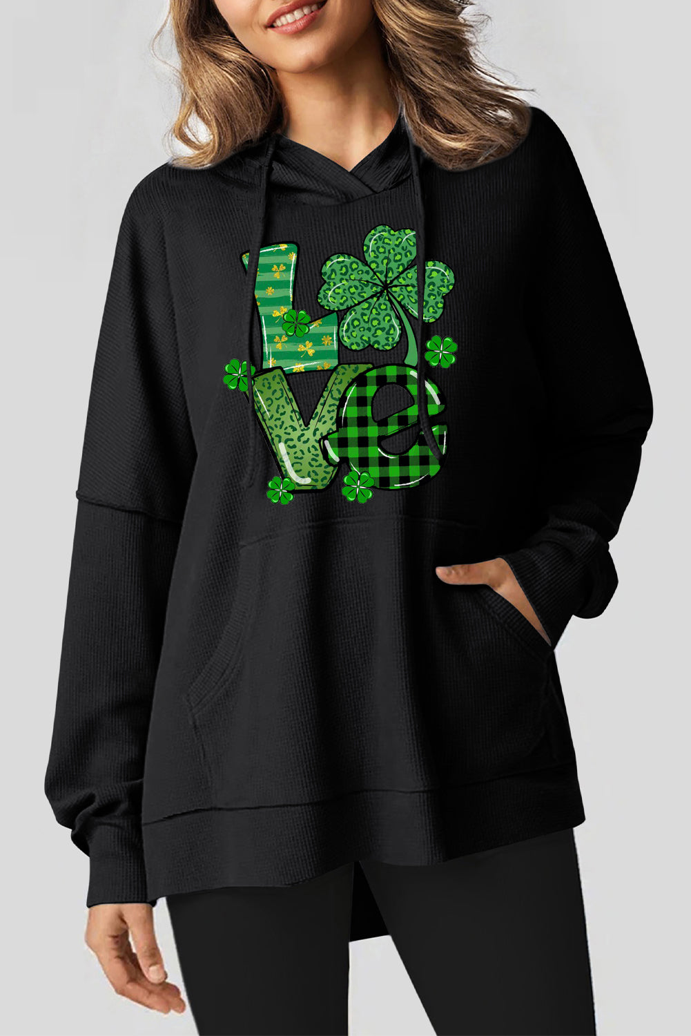 St. Patrick's Day Waffle Knit Clover Graphic Hoodie