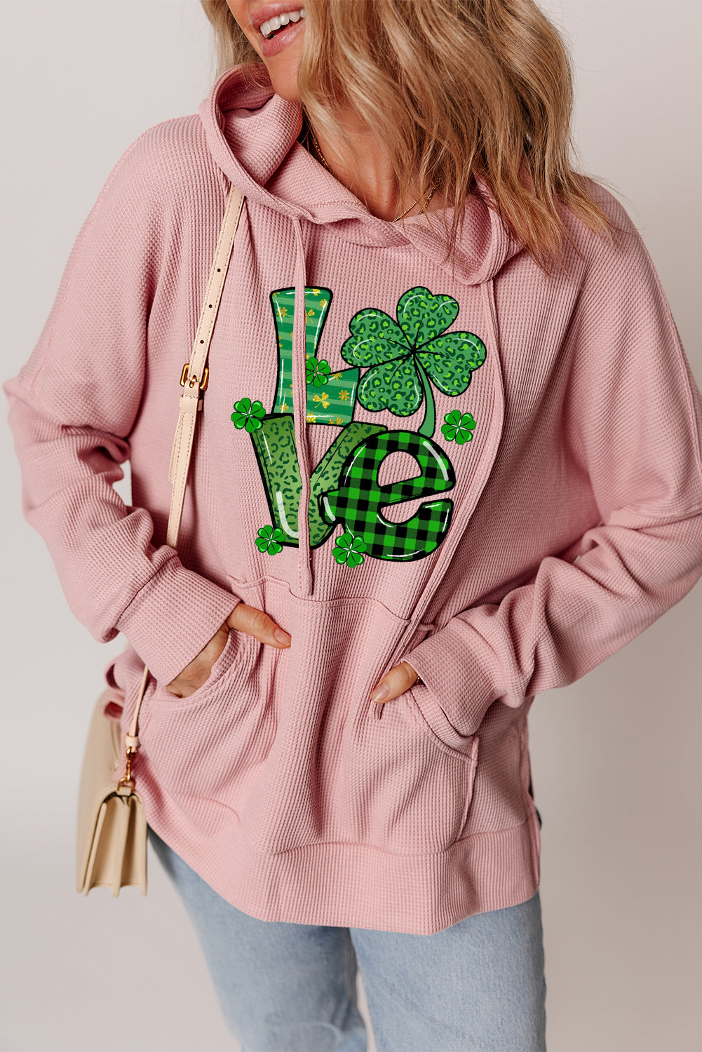 St. Patrick's Day Waffle Knit Clover Graphic Hoodie