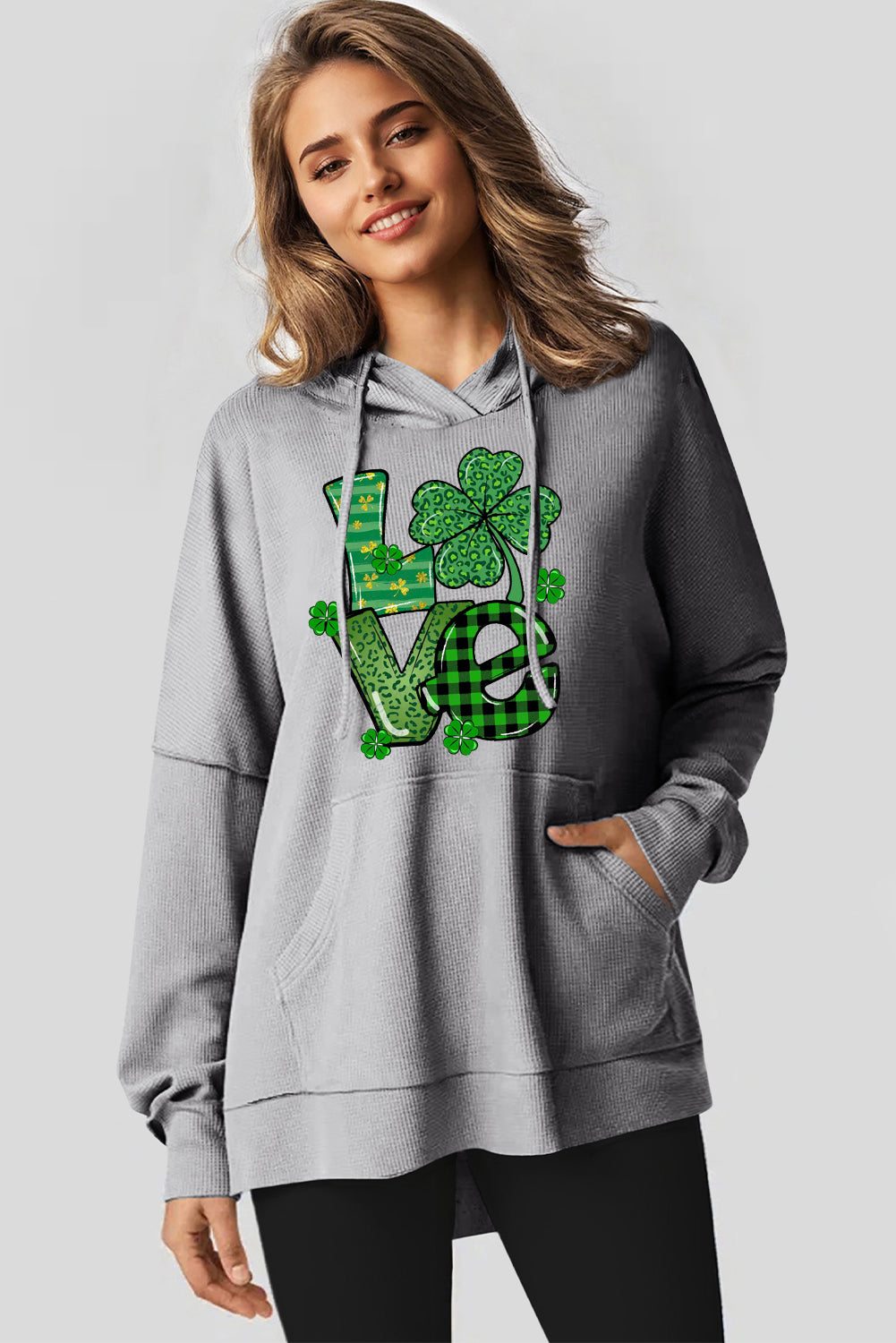 St. Patrick's Day Waffle Knit Clover Graphic Hoodie