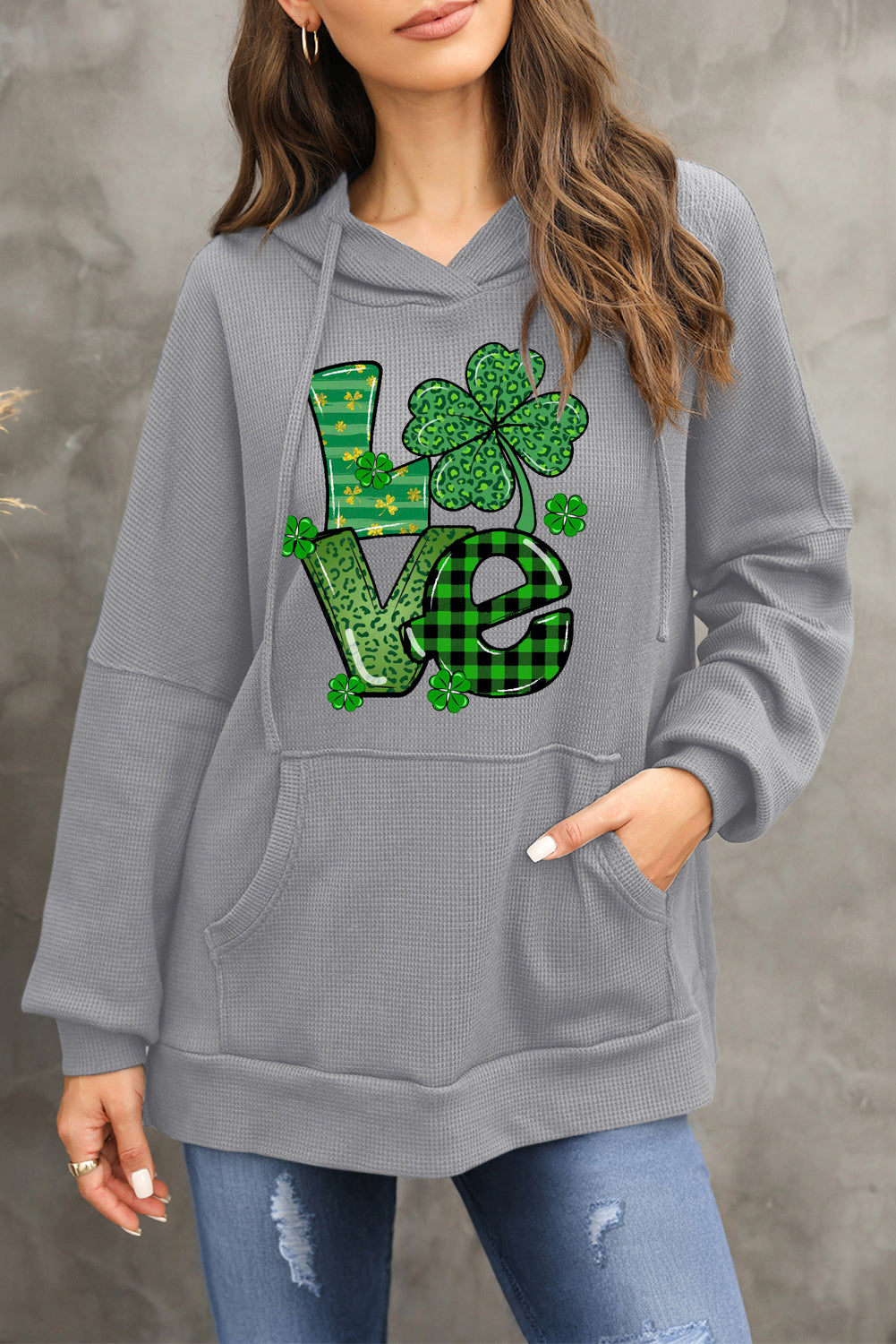 St. Patrick's Day Waffle Knit Clover Graphic Hoodie