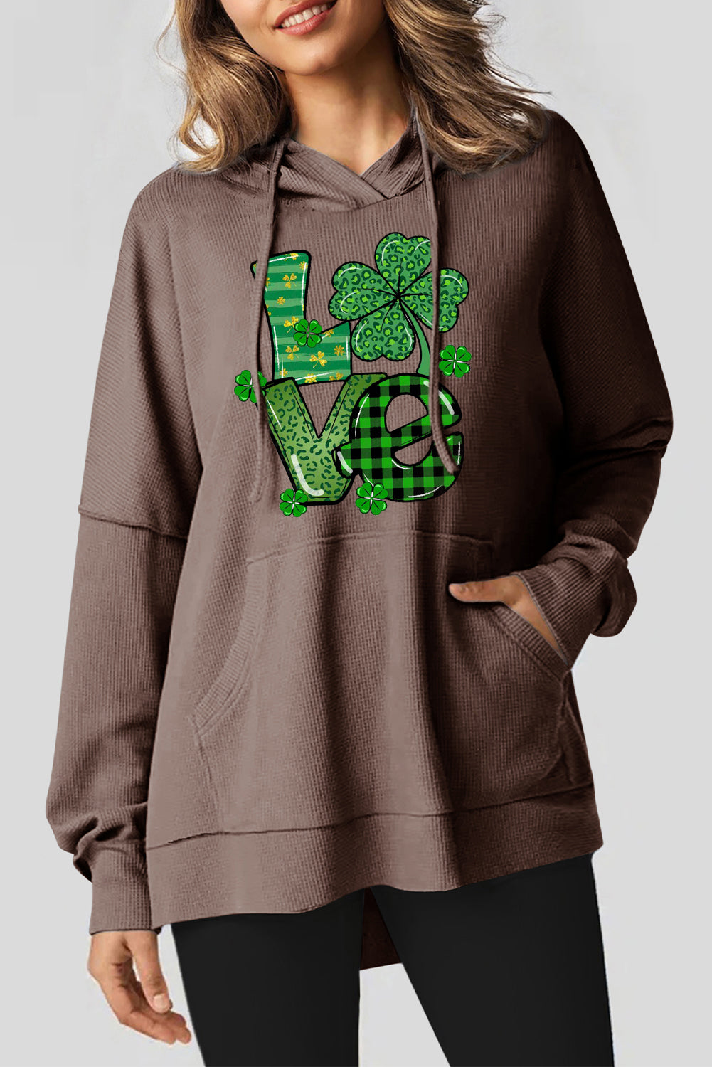 St. Patrick's Day Waffle Knit Clover Graphic Hoodie