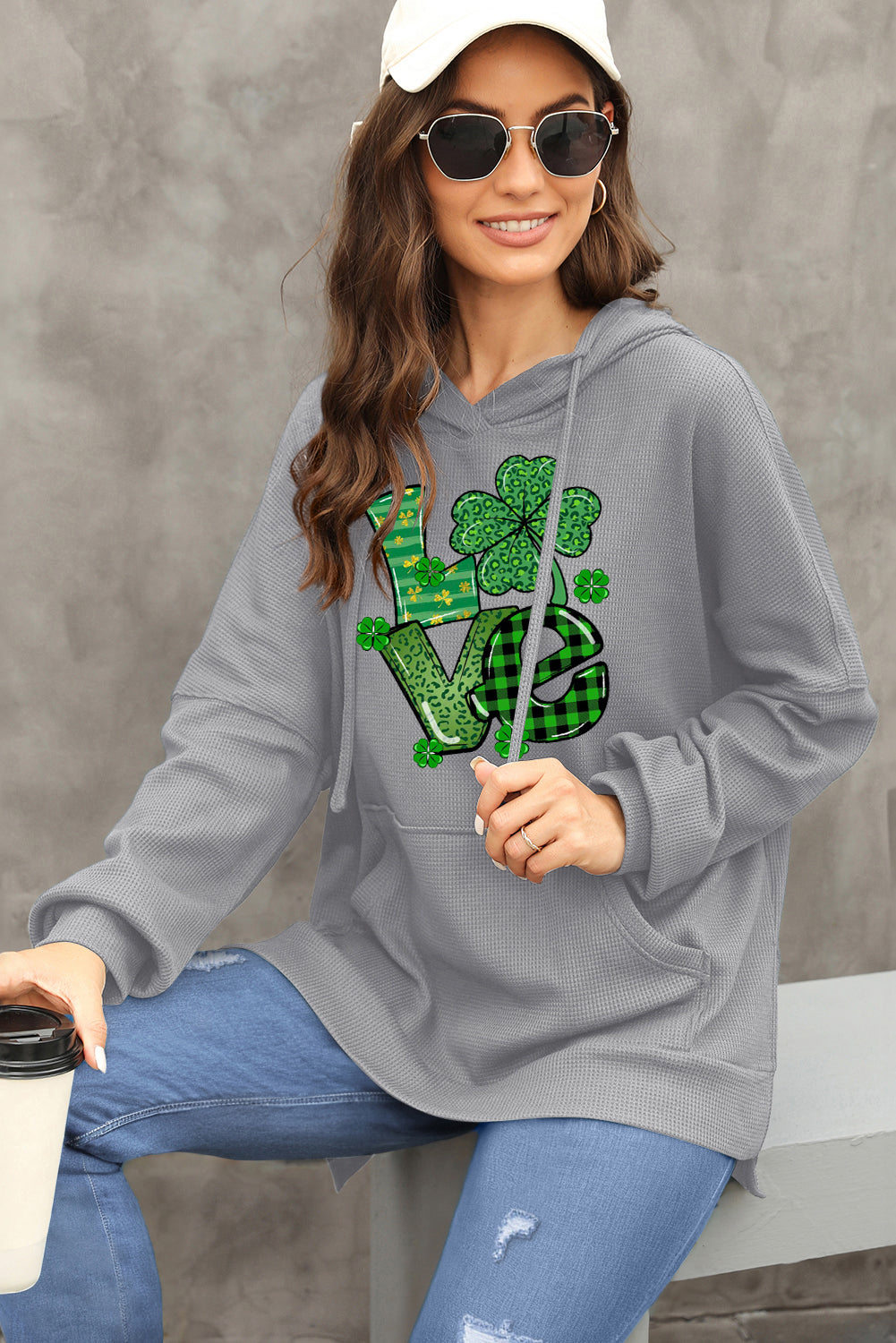 St. Patrick's Day Waffle Knit Clover Graphic Hoodie