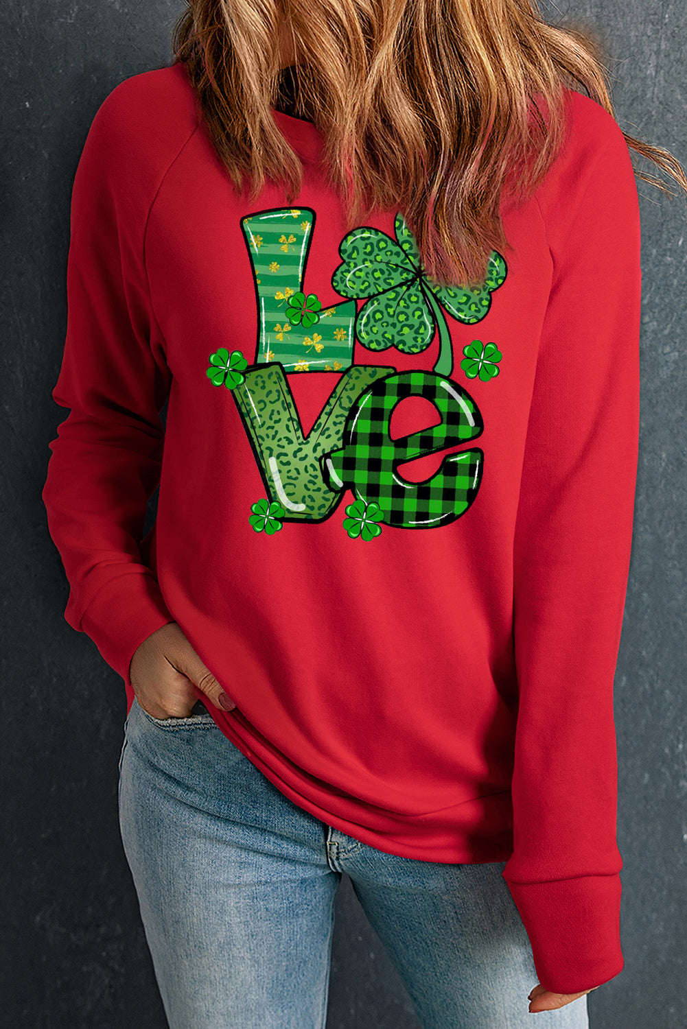 Four-Leaf Clover Graphic Crewneck Sweatshirt for St. Patrick's Day Style