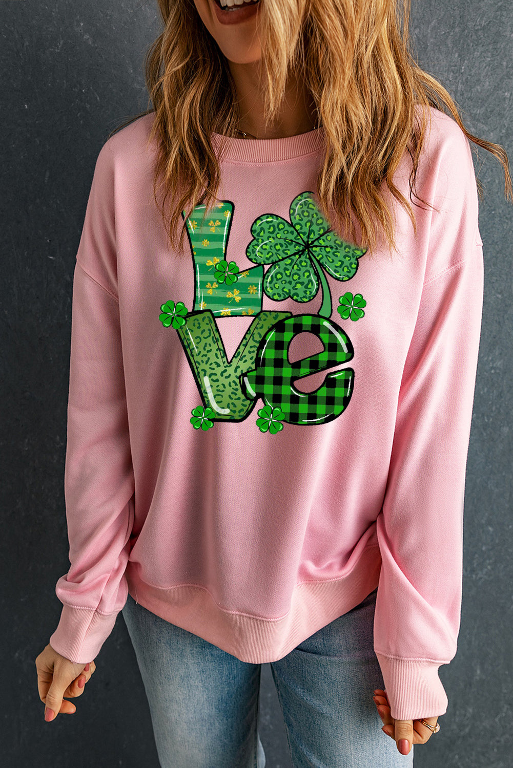 St. Patrick's Day Graphic Patchwork Clover Long Sleeve Knit Top