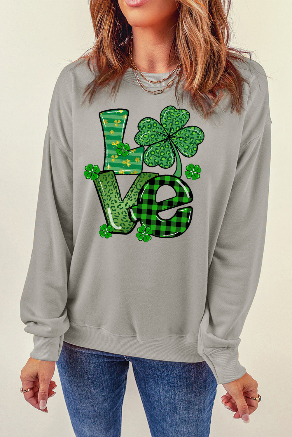 St. Patrick's Day Graphic Patchwork Clover Long Sleeve Knit Top