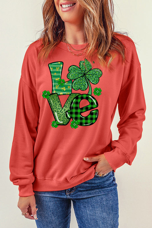 St. Patrick's Day Graphic Patchwork Clover Long Sleeve Knit Top