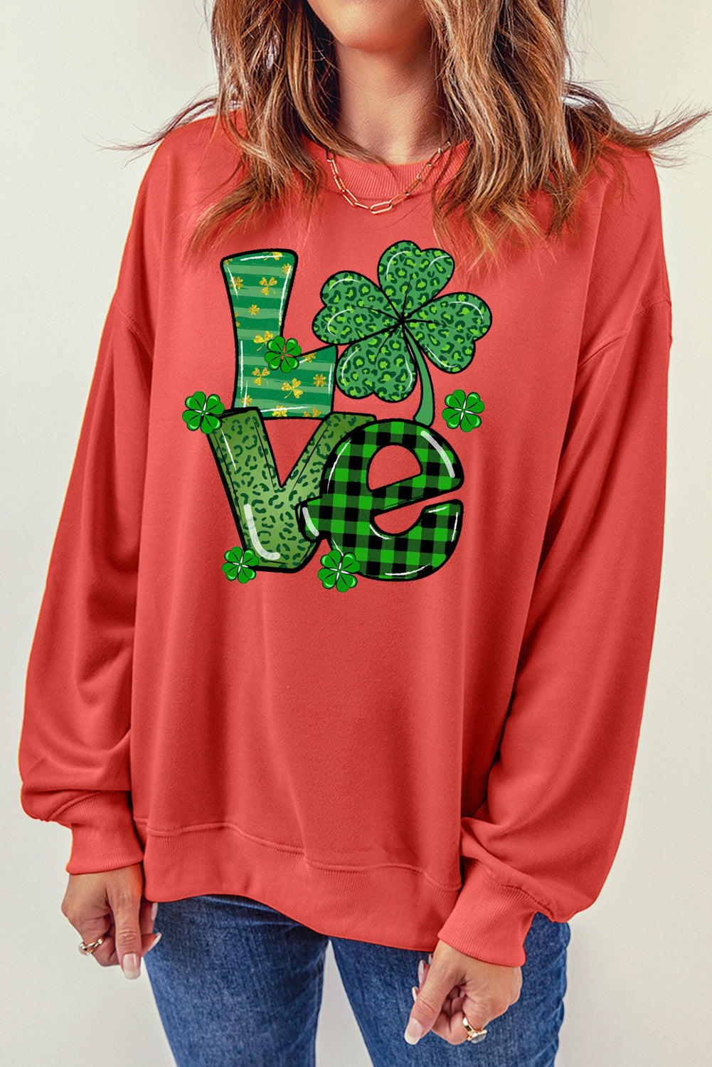 St. Patrick's Day Graphic Patchwork Clover Long Sleeve Knit Top